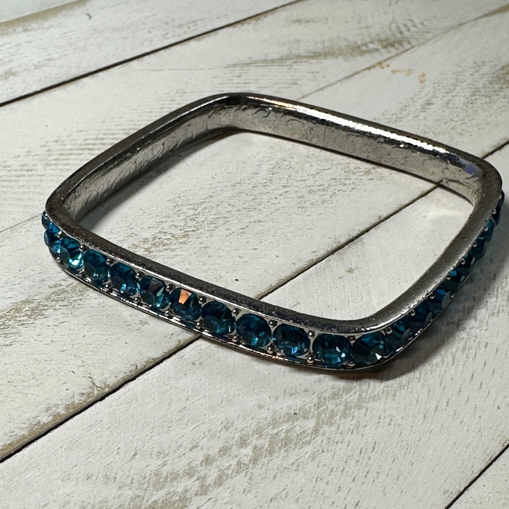 Modern Silver-Tone Blue Crystal Bangle Bracelet